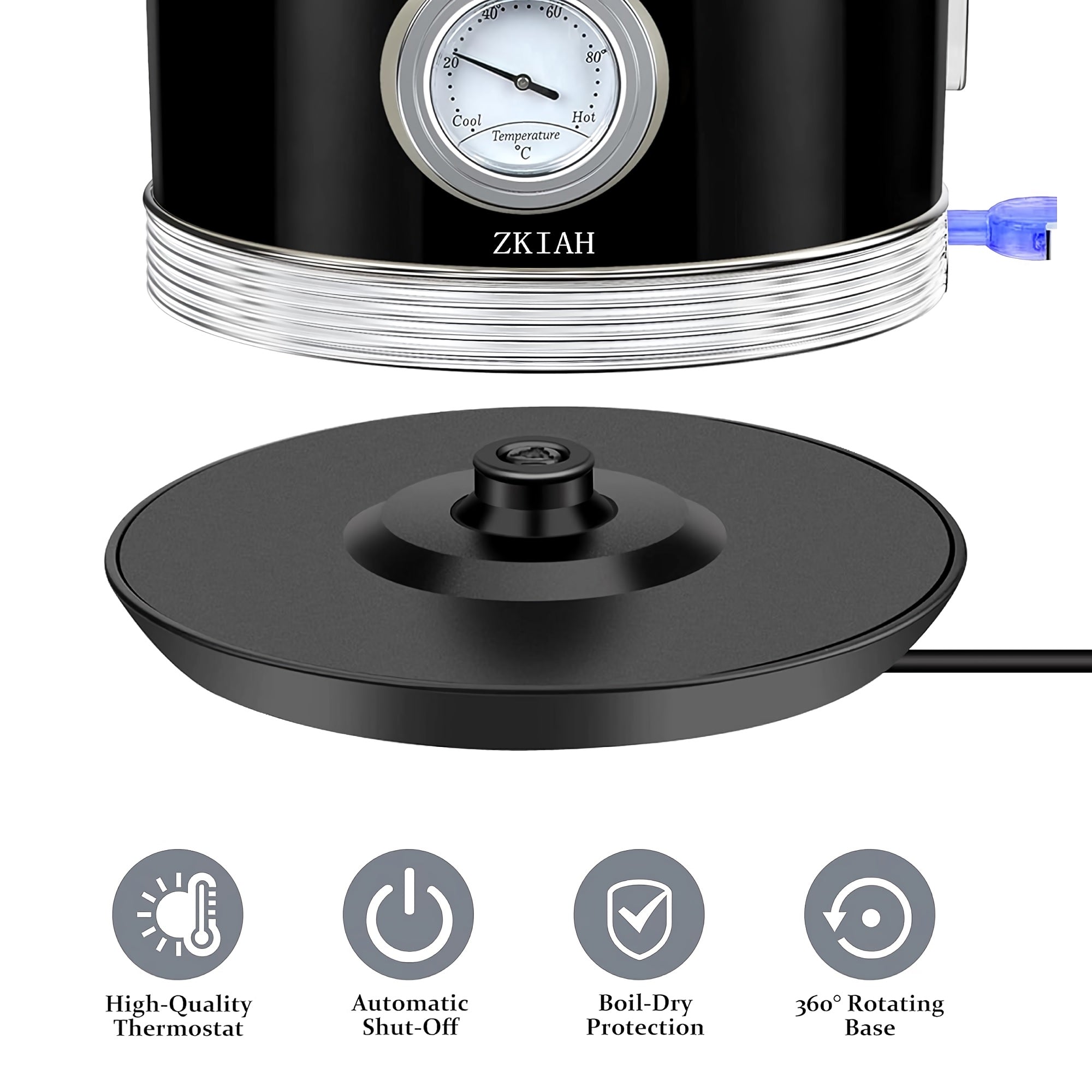 1.7L Electric Kettle with Thermometer, Retro Stainless Steel Water Tea Maker with Limescale Filter, Automatic Shut-Off (Black) - BT-K15T 1.7L Electric Kettle with Thermometer, Retro Stainless Steel Water Tea Maker with Limescale Filter, Automatic Shut-Off (Black) - BT-K15T